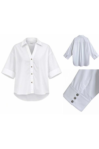 Miss Poem Γυναικείο κοντομάνικο λευκό πουκάμισο με λεπτομέρεια στα κουμπιά