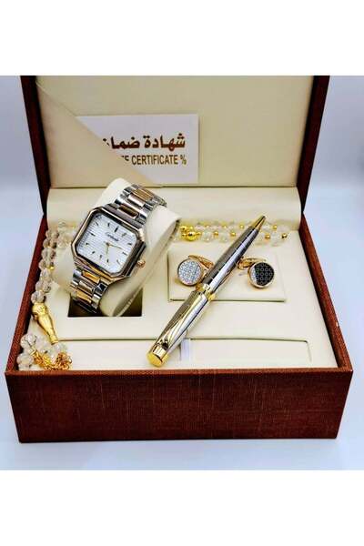 HOUR Luxury men's gift set consisting of a wristwatch, pen, and cufflinks.