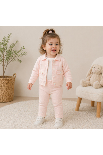 MASAL BEBE KİDS Kız Çocuk Takım Pudra Pembe Ceketli Pantolonlu Şık Kombin