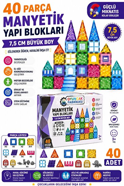 Oyuncak Fabrikası 40 Parça Manyetik Yapı Blokları 7,5 Cm Büyük Boy Eğitici ST...