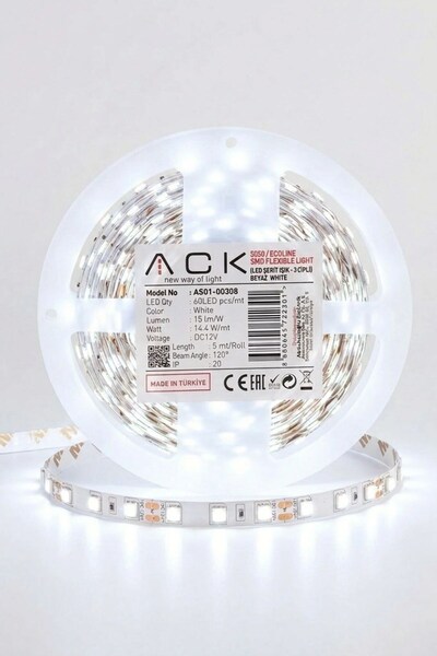 Buffer ® Beyaz LED Şerit 5m – 60 LED/m 12V 14.4W Güçlü 3 Çipli Işık Şerit Led