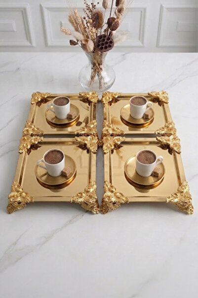 Kitchen Life Tavă de prezentare a cafelei Kelebekli Gold cu 4 suporturi - Tav...
