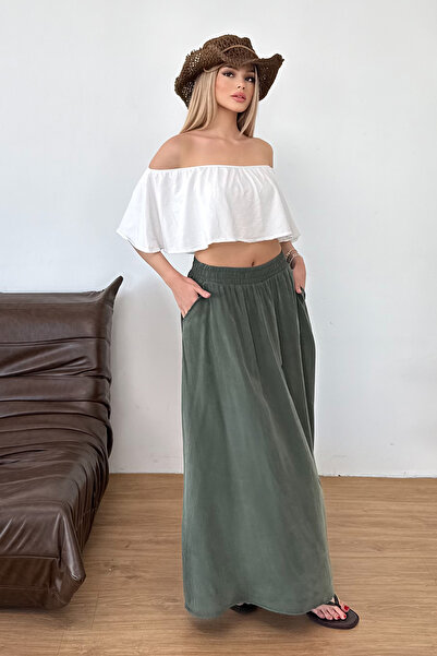 GİYSA Kadın Beli Lastikli Çift Cepli Uzun Etek Haki - MS0001766