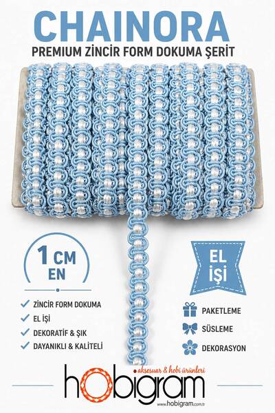 Hobigram Bebe Mavi Beyaz Chainora Premium Zincir Form Dokuma Dekoratif Şerit ...