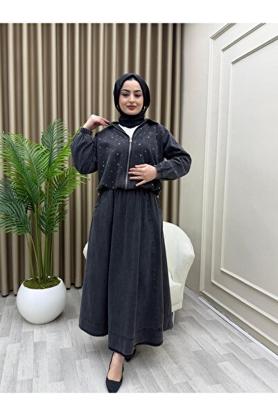 azeldembutik Taş İşlemeli siyah kot etek takım