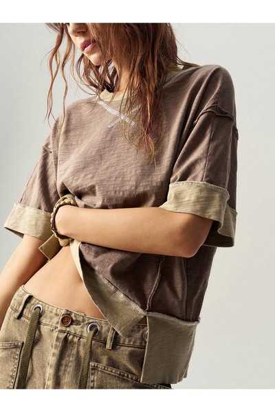 Take Two By Styli Grey Contrast Trim 100% Cotton Drop Shoulder T-Shirt