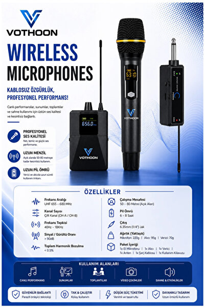 Vothoon Wireless Mikrofon Sistemi UHF Kablosuz El Mikrofonu Profesyonel Ses P...
