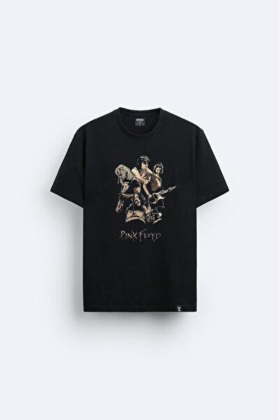 AYDESİGN Tricou negru cu imprimeu Pink Floyd, cu gât rotund
