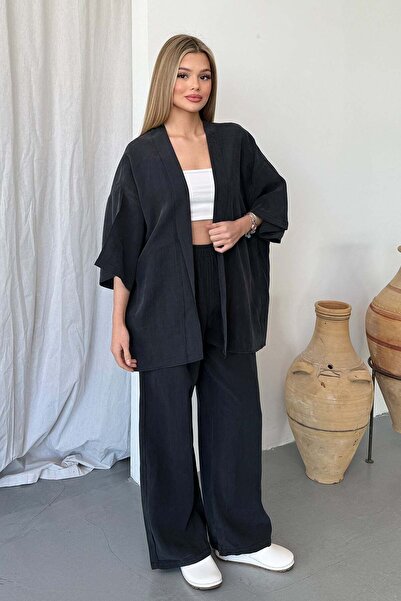 GİYSA Women's Elastic Waist Kimono Tensel Fabric Double Set Black - Ms0001660