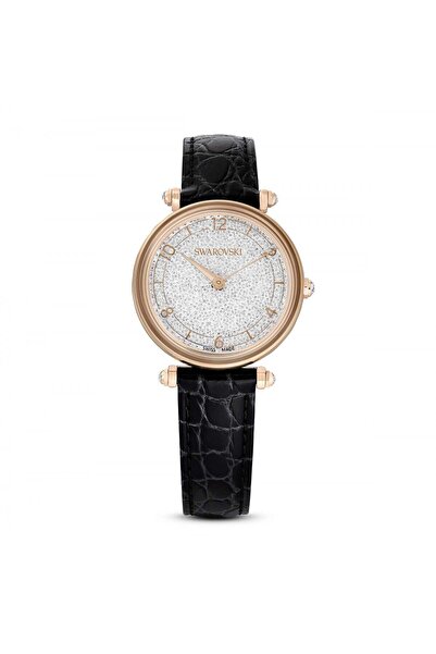 Swarovski Crystalline Wonder Saat Deri Kayiş Siyah Pembe Altin Rengi Kaplama