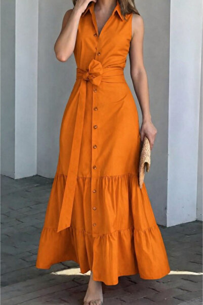 Kokosh moda Women's Button-Front Long Tricot Dress with Belt Detail at the Waist