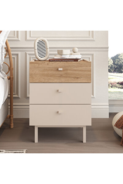 Robin Home Komodin 3 Çekmeceli Ahşap Ayaklı Kumsal-Sepet