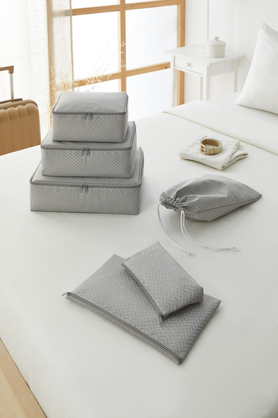 Ocean Home Textile 7'li Gri Balıksırtı Valiz Düzenleyici Bavul İçi Organizer Set, Seyahat Hurcu