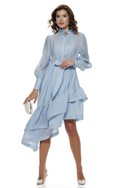 Fofy Rochie eleganta baby blue din organza premium fusta asimetrica cu volane...