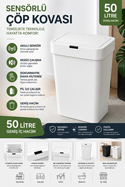 Funny Life 50L Sensörlü Çöp Kovası Otomatik Kapaklı Akıllı Çöp Kutusu Sessiz ...
