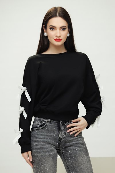 Fofy Hanorac dama negru subtire cu fundite albe pe maneci