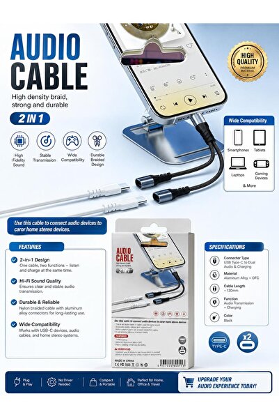 GENERAL GJ-015 2-in-1 USB Type-C to Dual Audio Adapter Cable – HiFi Sound & Charging Splitter