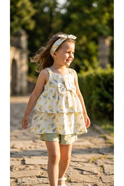 Sabi Tulip Printed Bowknot Bandana Girls' Three-Piece Summer Set