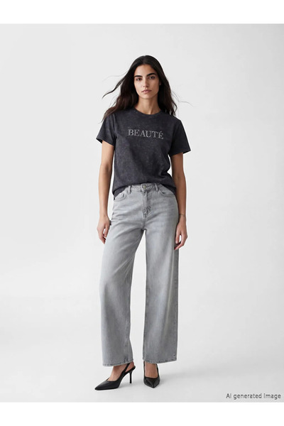 LC Waikiki Γυναικείο μπλουζάκι Anthracite Crew Neck με στάμπα πέτρας