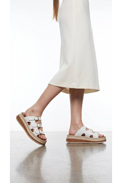 Lidora Women's White 3-Stripe Buckle High-Sole Slippers Ayk1064