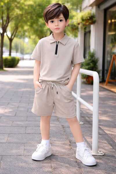 KAYAKİDS Boy's Cream-Ecru-Black Polo Zippered Collar Tshirt-Shorts Holiday St...