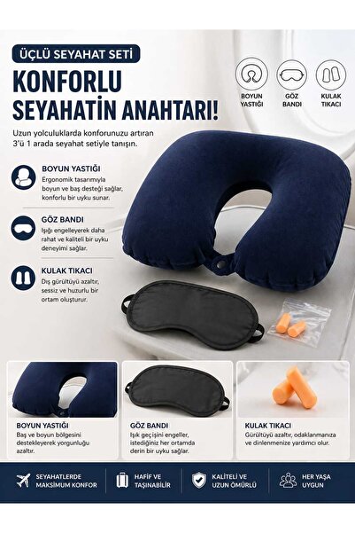 ASG ✈️ 3’lü Seyahat Seti Boyun Yastığı & Göz Bandı & Kulak Tıkacı Uçakta, oto...