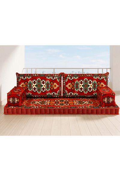 FEYZA DECOR HOME Kırmızı Kilim Desenli Şark Köşesi - Modern Yer Sofrası Minde...