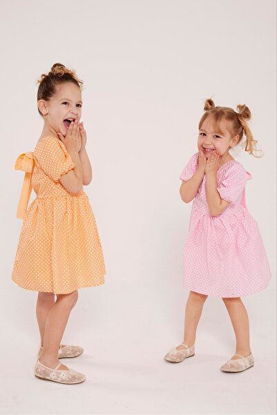 Zuma Kids Kız Çocuk Turuncu Puantiyeli Elbise %100 Pamuk Sırt Dekolteli Fiyon...