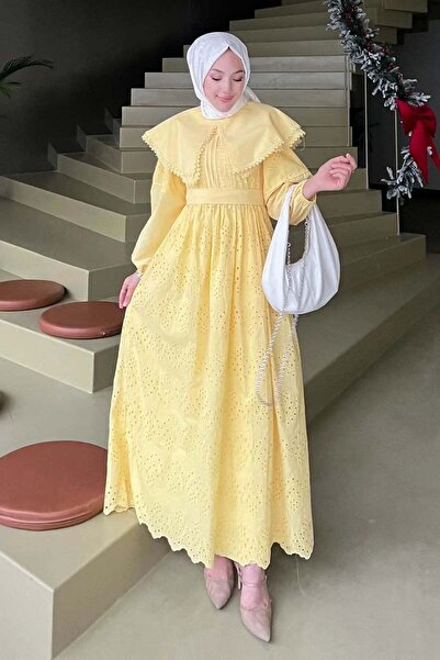 Moda Asrın PELERİN YAKA ASTARLI KEMERLİ %100 PAMUK FİSTO ELBİSE sarı
