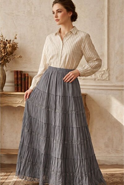 EYFERA Premium Elegant Lace Detail Long Skirt with Elastic Waist