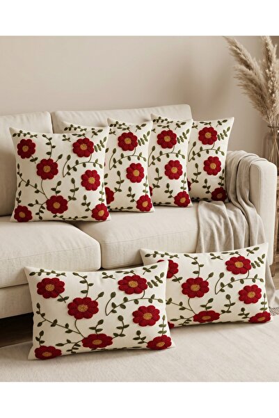 menesahome Red Floral Patterned Punch Embroidery Look Digital Printed Bohemia...