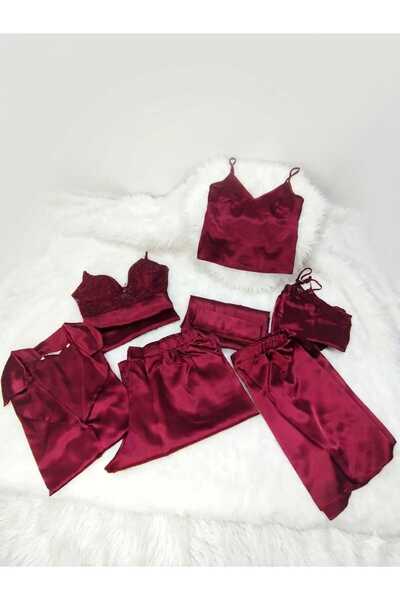 Efsane Saten Gecelik Sabahlık Pijama Takım Şort Takım 6'lı Gelin Çeyiz Seti
