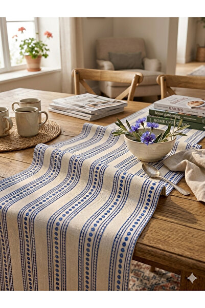 megi concept Masa Runner 40x140 cm Mavi Çizgili Çiçekli Desen Kalın Kumaş Dek...