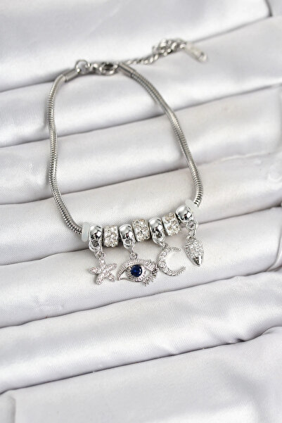 Clariss Brass Silver Color Women's Bracelet with Eye Detail and Charm