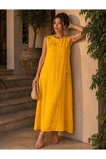 espoire butik kadın italyan keten sarı elbise 40 42 bedenlere uyumludur