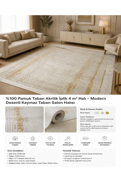 Hünkar Modern Çizgisel Desenli Gold Detaylı Yumuşak Dokulu Salon Halı