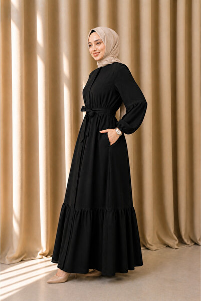 MODAASİ Loose Cut Rabia Crepe Ferace Belted Comfortable Fit Hijab Dress