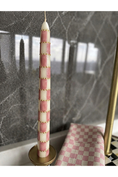 Hatice sakallı design 1 adet Pembe Damalı El boyama gold detaylı Mum