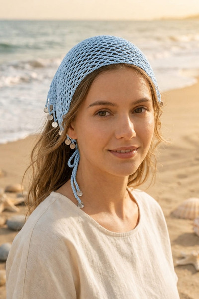 Butik Mavi Kadın Pullu El Örgüsü Saç Bandanası Bohem Plaj Aksesuarı Bandana