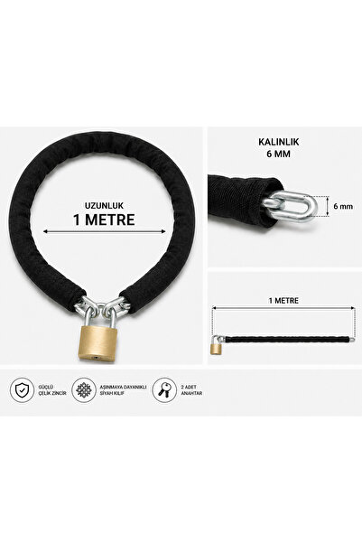 Vi Caro 6mm Zincir Kilit 1 Metre Siyah Kılıflı Bisiklet Motosiklet Güvenlik K...
