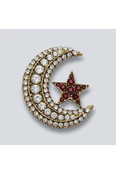Dorvina Bronz Broş Otantik Takı Kırmızı Ay Yıldız 3 Sıra Kristal İşlemeli Büy...