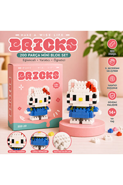 Bricks Mini Blok Oyuncak Seti – Sevimli Kedi Karakter 200 Parça Eğitici Yapım...