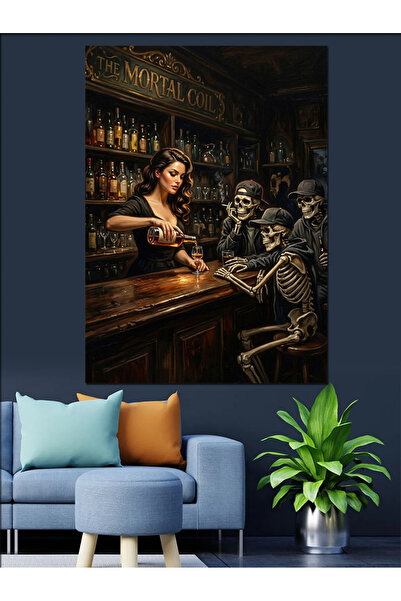 Artmeg Femeie care discută cu scheletele pe bar - Pânză decorativă - Masă din...