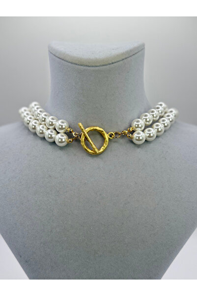 mize Pearl Loop İkili Sıra Mayorka İnci Kolye - Modern Gold Kilitli Choker Kolye