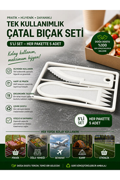 Print Zone Kullan AT Hijyenik Çatal Bıçak Seti (5'li Paket) - Kamp, Seyahat, ...