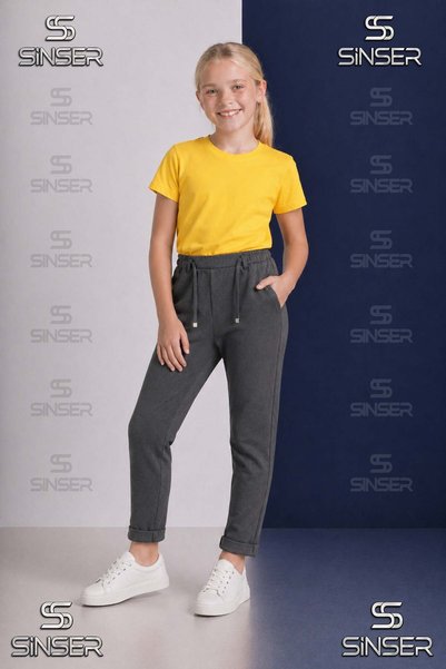 SS SİNSER Girls' Plain Trousers with Elastic Waist, Lycra, Folded Cuffs Style...