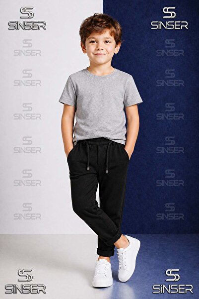 SS SİNSER Boys' Plain Trousers with Elastic Waist Lycra Folded Cuffs Style 3.Mdl