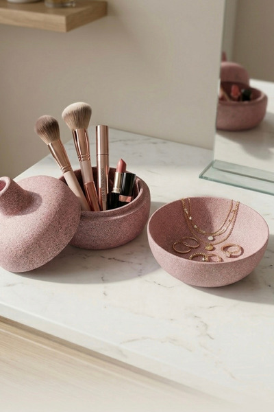 BYC TÜRKİYE Granite Textured Glass Jewelry & Makeup Organizer Set with Lid + ...