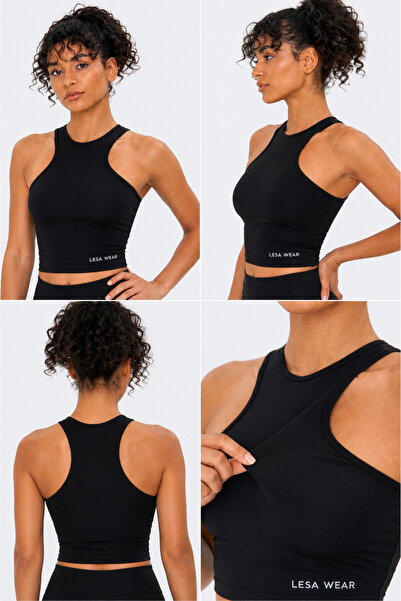 LUVORA Kadın Siyah Çapraz Crop Spor Üst Esnek Likralı Fitness Yoga Günlük Şık...
