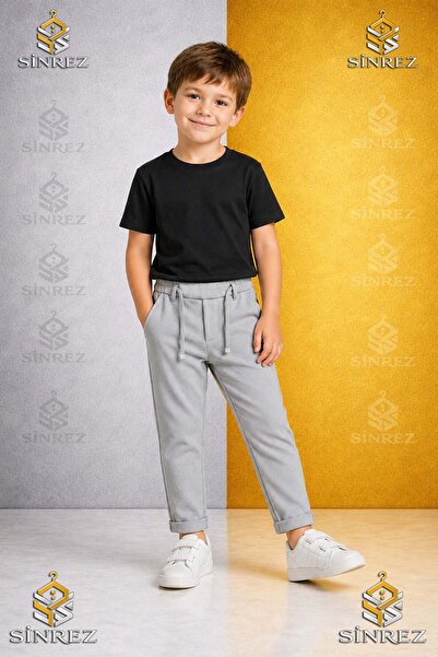 SİNREZ ERKEK Çocuk Sade Pantolon 7.MDL Bel Lastikli Likralı Paça Katlamalı Stil